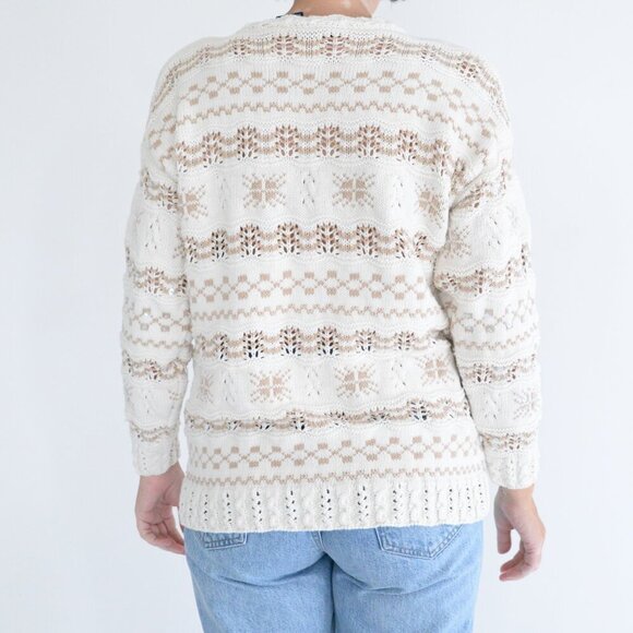 Vintage Liz Sport Cream w Tan Snowflakes Knit Beaded Crewneck Sweater M - Picture 3 of 12